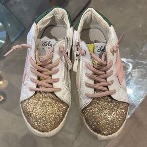 Lola Shoetique White Sneakers with Gold Glitter Toe and Pink Accents